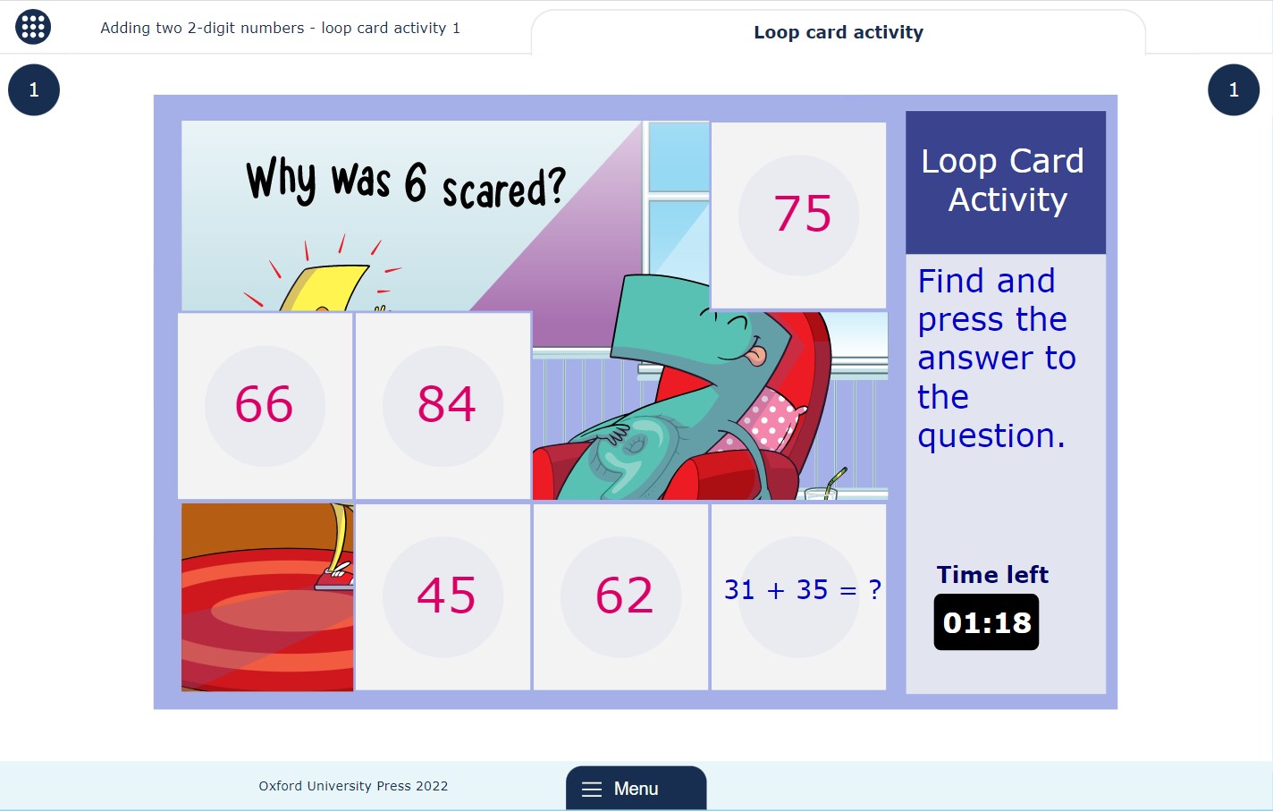Partially completed loop card activity showing a question on adding two 2-digit numbers