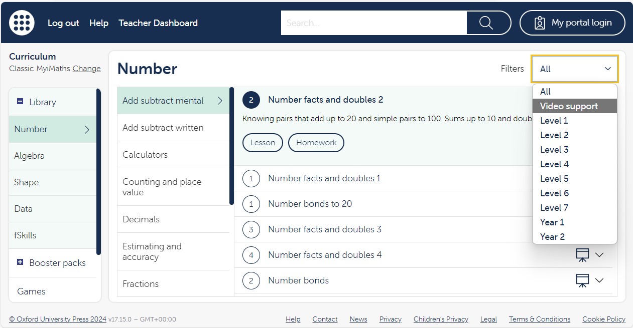 A MyiMaths page with the side menu open and “Video support” option highlighted.