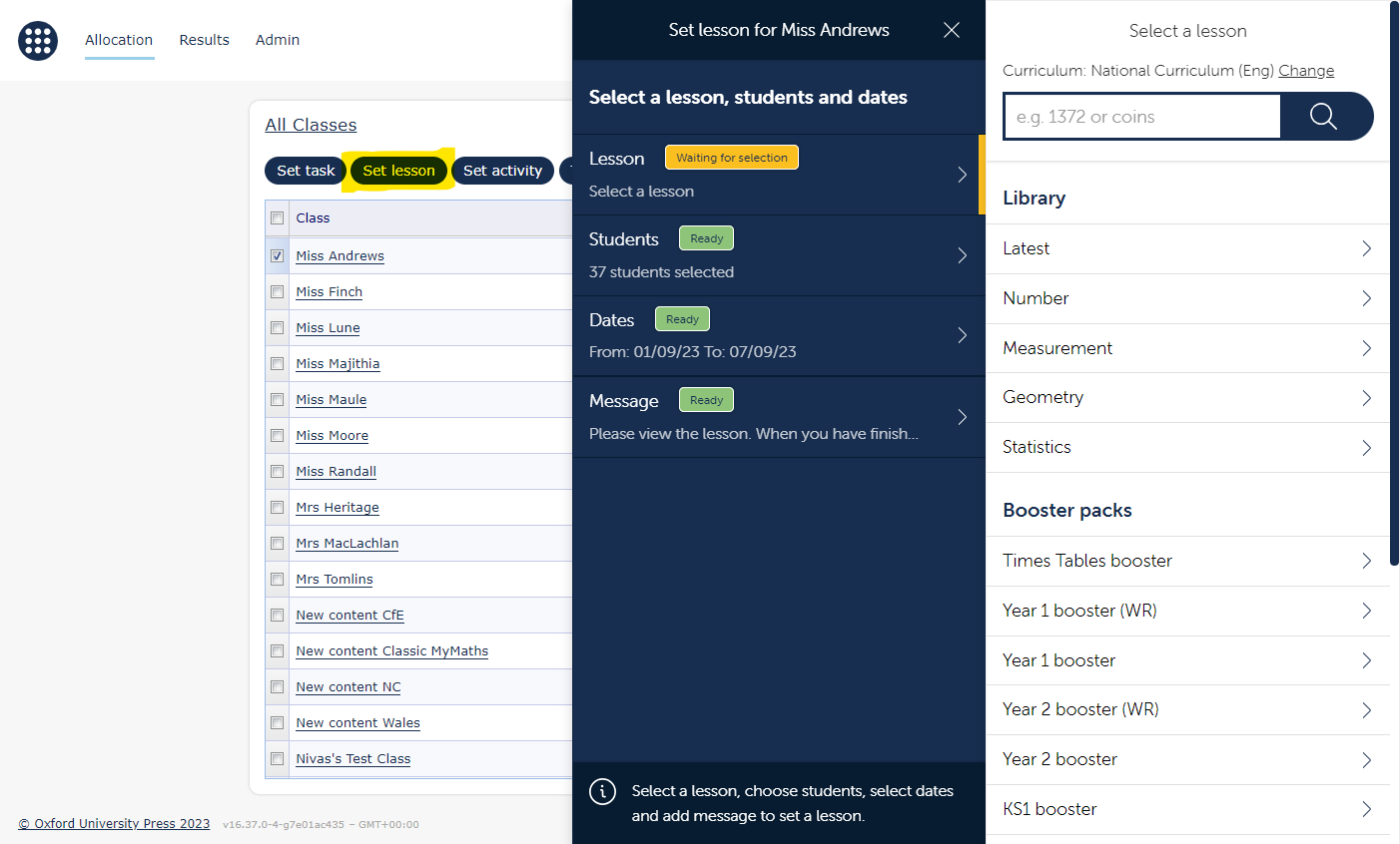 A view of the MyiMaths Teacher Dashboard with the ‘set lesson’ button highlighted and the allocation menu open to show all the maths topic areas where lessons are available.